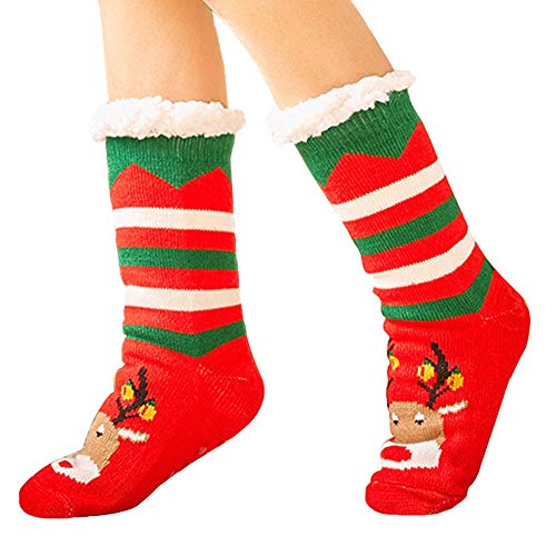 NTT Thick Slipper Socks for Women with Grippers Non Skid, Fleece Lined Fuzzy Thermal Knit Slipper Socks Cotton Christmas Winter Cozy Stockings Socks Red