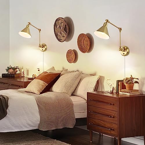 Image of TRLIFE Wall Sconce with Remote Control, Brushed Brass Plug in Wall Sconces Dimmable and Adjustable Color Temperature 2700K-6000K, Swing Arm Wall Lights with Plug in Cord, UL Listed(2 Pack, 2 Bulbs)