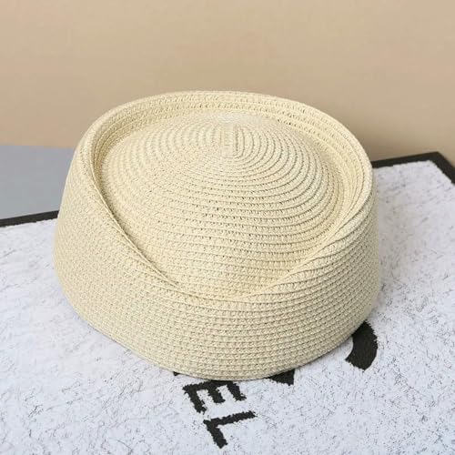 Gyios Sombrero de Pescador Gorra Straw Beret Hat Women Retro Pillbox Party Wedding Teardrop Bridal Summer Stewardess Fashion Lightweight-beige-55-58cm
