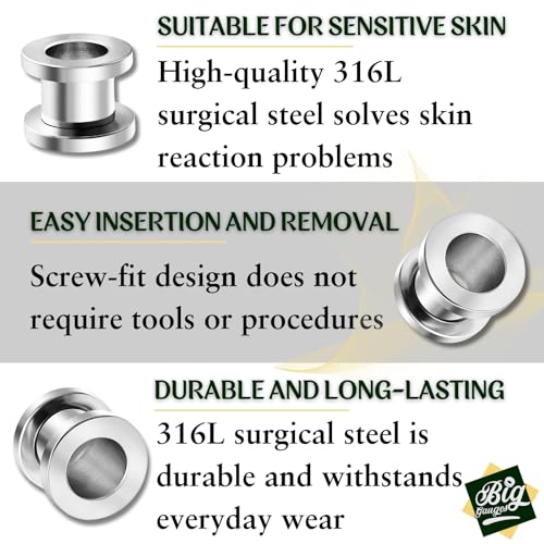 Pair of 316L Surgical Steel Polished Screw-fit Piercing Jewelry Ear Stretching Lobe Plugs flesh Tunnel Earring3