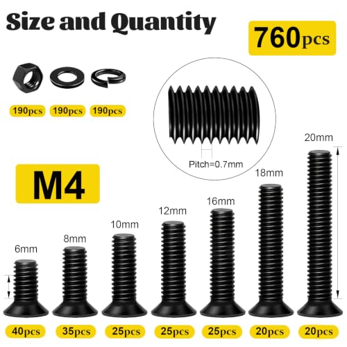 Image of 760pcs M4 Flat Head Screws Assortment Kit, M4x6 /8 /10 /12 /16 /18 /20 mm