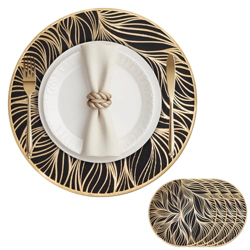 Lot de 4 Sets de Table en PVC Lavables 38cm Set de Table Rond Motif de Feuilles Antidérapant pour l'Isolation Thermique de l'Assiette et de la Décoration de...
