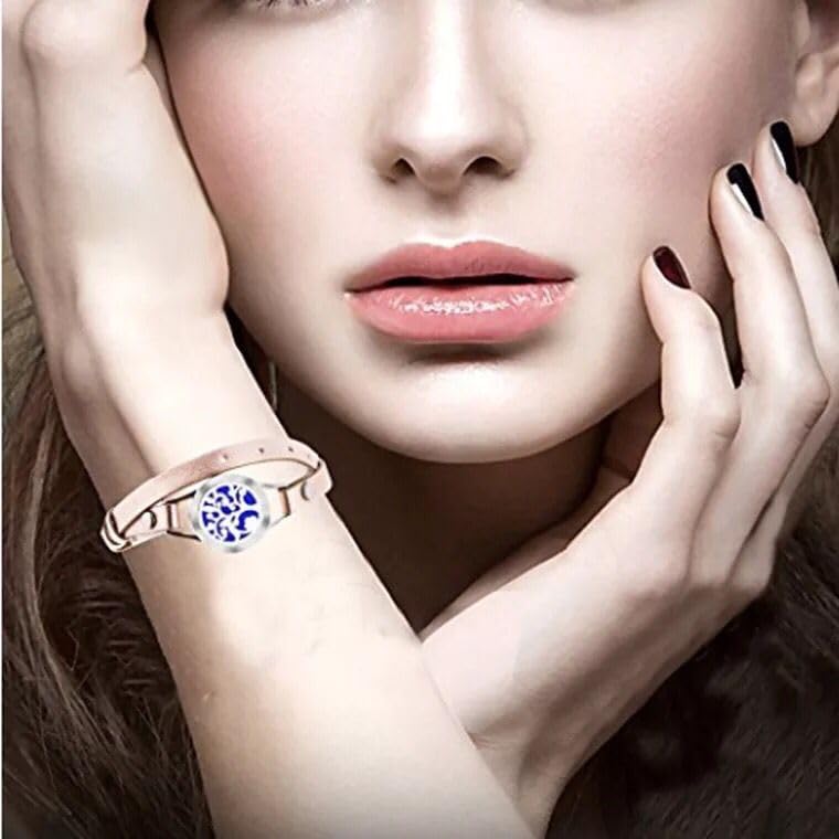 Aromatherapy Essential Oil Diffuser Bracelet,Tree of Life Pattern Stainless Steel Locket Leather Band for Women - Image 5