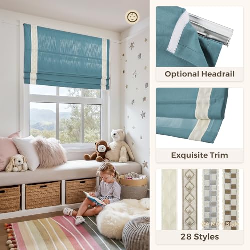 Image of TWOPAGES Isabella No Drill Cordless Roman Shade Linen Textured Cotton Roman Blind for Windows, Custom Made Room Darkening Blackout Roman Window Shade, Hardware Included, Peacock, 1 Piece