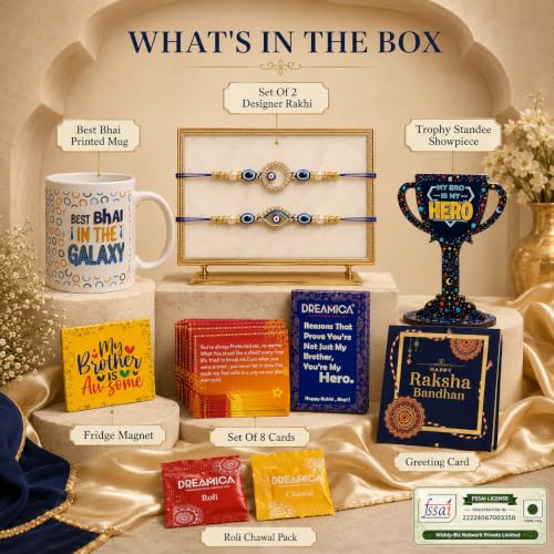 Image of Dreamica Designer Set of 2 Rakhi, Mug, Silver Coin, Trophy Showpiece, Set of 8 Cards, Fridge Magnet, Greeting Card and Tilak Set| Best Rakhi Gift for Brother