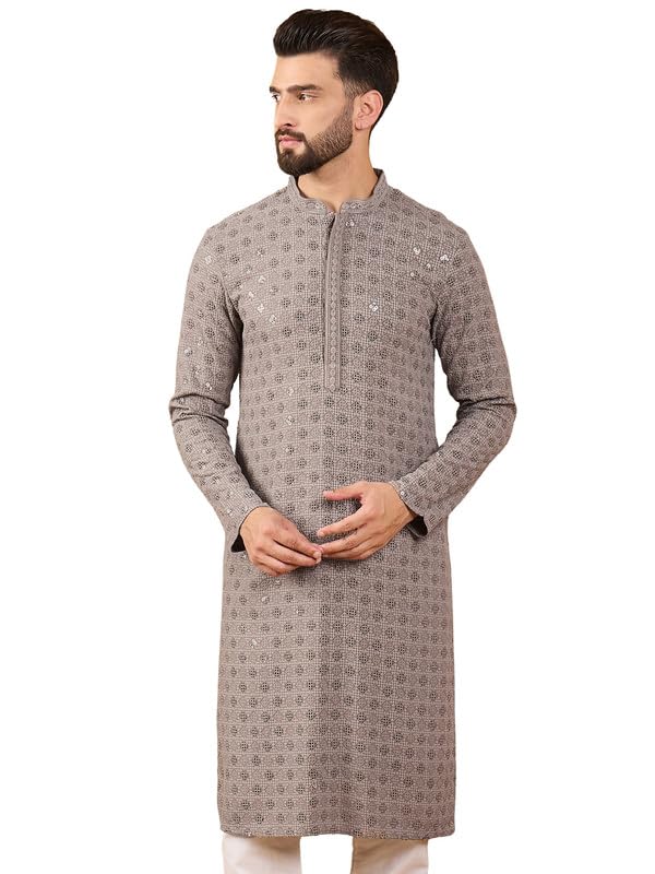 Image of Men's Solid Embroidered Long Straight Kurta | Men's Kurta | Embroidered Chikankari Kurta for Men | Straight Fit Kurta for Men