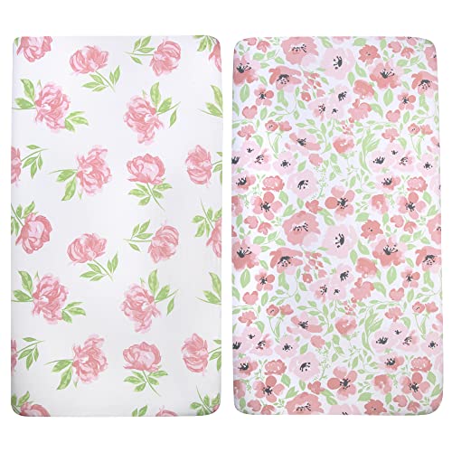 Image of Standard Microfiber Fitted Crib Sheets for Baby Girl, Boy & Neutral, 2 Pack - 28x52 (Roses & Flowers)