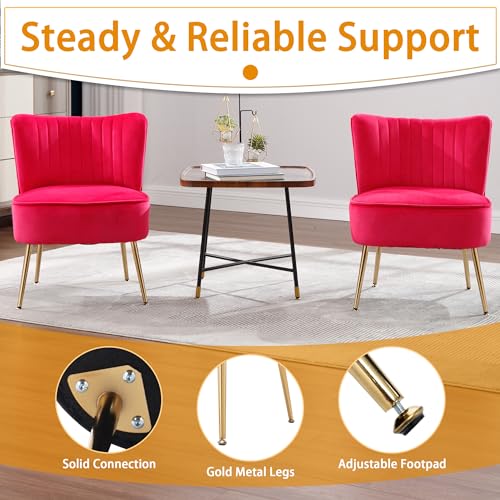 ABET Accent Chairs Set of 2, Velvet Armless Living Room Chairs with Tufted Wingback Thicken Cushion Gold Metal Legs, Comfy Upholstered Side Chairs Slipper Chairs Club Chairs for Bedroom, Hot Pink