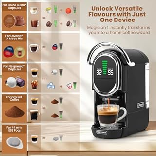 Magician1 Mini Multi-Capsule Coffee Machine 5-in-1 for Nespresso, Dolce Gusto, Starbucks, ESE 44mm Pods, A Modo Mio and Ground Coffee, 20Bars, 1450W, Hot & Cold Brew Espresso Machine for Home Dorm