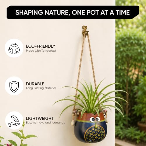 Image of AAKRITI ART CREATIONS Terracotta Hanging Planter | Blue & Brown Earthen Design with Jute Hanger, Modern Art, Matte Finish | Decorative Hanging Pot for Indoor & Outdoor Home Decor
