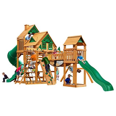 Gorilla Playsets 01-1037-AP Treasure Trove Treehouse Wood Swing Set with Tube Slide, Built-in Sandbox Area, and Clatter Bridge, Amber Cover