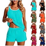 Generisch Tankini Damen Badeoutfit Zweiteilig mit Brustpolstern Bügellos Rückenfrei Kontrast Optik Locker Geschnitten Shorts Strand Pool Ferien Reise