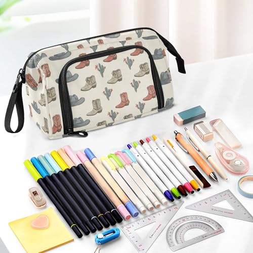 Image of Fisyme Western Cowboy Boots Vintage Pencil Case Large Capacity Pen Bags Box Big Makeup Pouch Organizers