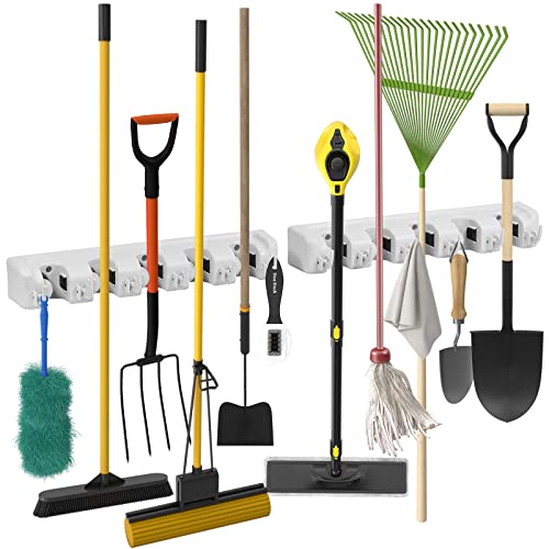 ARTECSIS Set di 2 barre per attrezzi da giardino con 6 ganci pieghevoli, porta attrezzi, porta scopa in plastica, 44,5 cm, supporto per fino a 11 dispositivi
