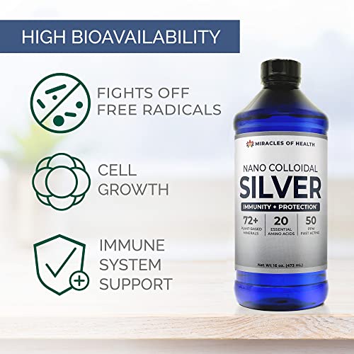 Miracles Of Health Nano Colloidal Silver - 16 Oz. | 50 Ppm | Natural Colloidal Silver Infused In A 72+ Plant-Derived Liquid Mineral Base And 20 Essential Amino Acids For Daily Immune Support #TOP2