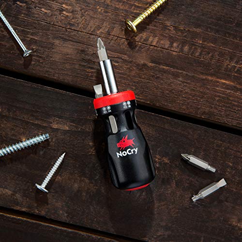 NoCry Stubby Ratcheting Screwdriver Kit with 12-in-1 Mini Bit Set including Flathead, Hex, Torx and Pozidriv Tips