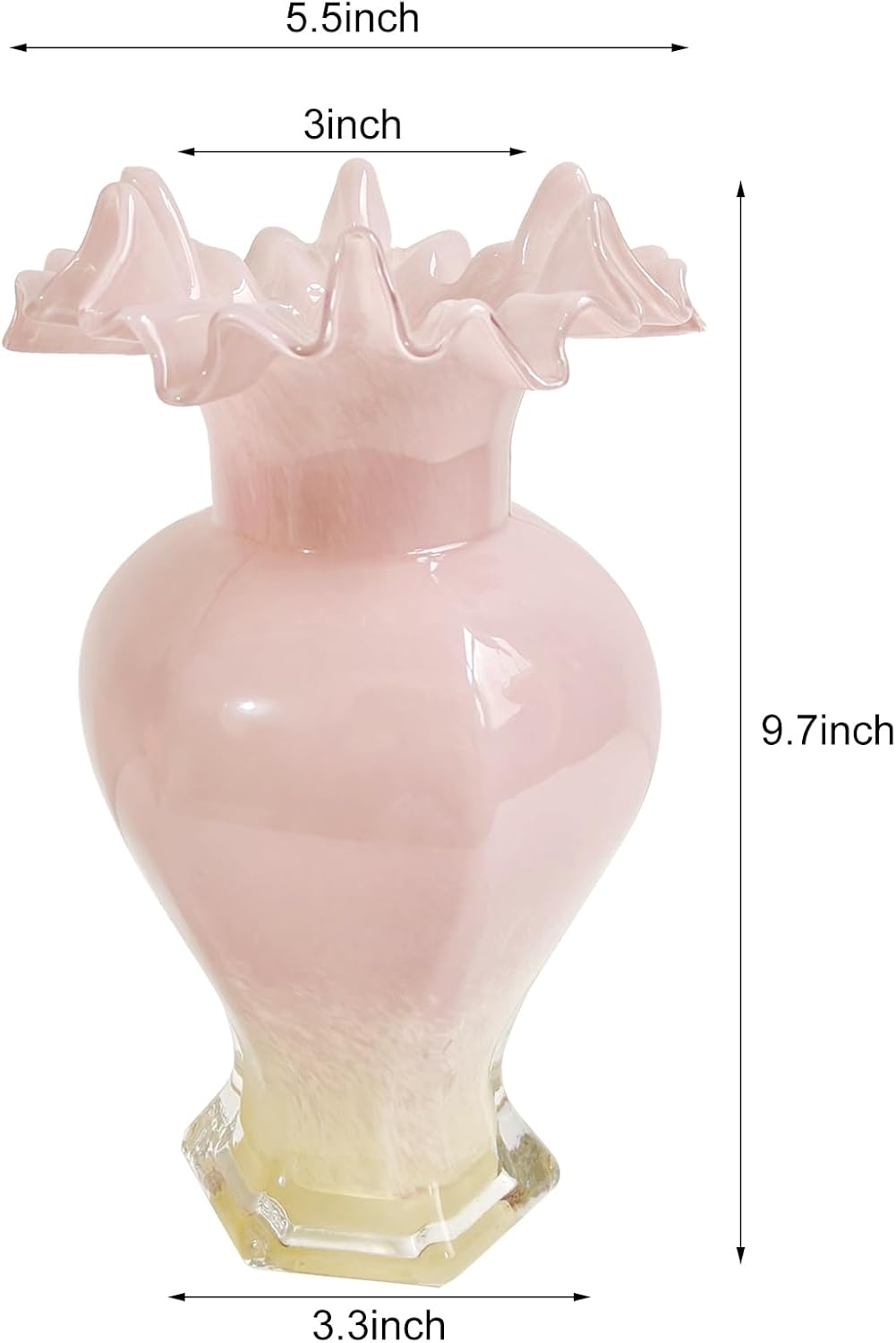 Elegant Pink Glass Vase with Pleated Top Design, 9.7 Inch Height,Handmade Blown Glass for Flower, Home Decor