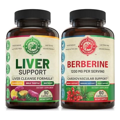 WHOLE WORLD WELLNESS Liver Cleanse Detox Repair Formula and Premium Berberine Bundle (one Bottle Each). Supports Liver Health, Cardiovascular Health, Energy Boost, Metabolic Function. USA Made. Cover