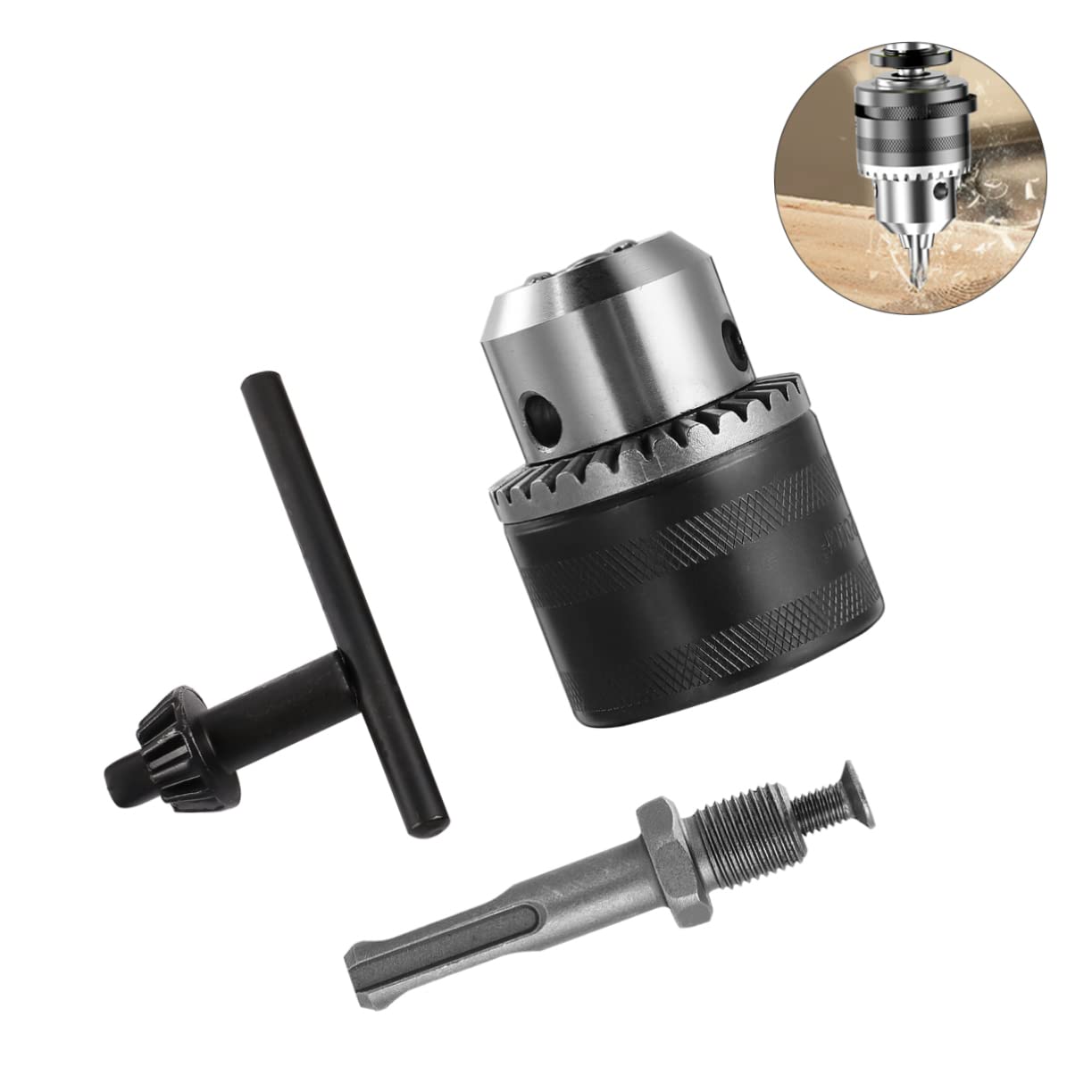 Mandrino Portapunta con Chiave 3, 0-16mm 1/2-20unf Nero | Kit Adattatore con Manico Rotondo e Asta Quadrata, Acciaio al Carbonio, e Trapano a Mano