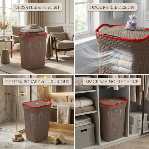 Image of Plastic Laundry Basket with Lid | 60L Extra Large Knit Hamper | Strong & Durable | Ideal for Bathroom, Bedroom & Kids Room | Multipurpose Cloth Storage Organiser | 36 x 46 x 61 cm | Dark Beige