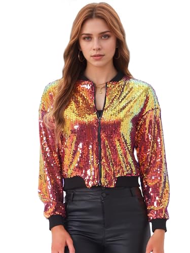 Allegra K Damen Glitzer Jacke Bomberjacke Pailletten Bomber Jacke Langarm Party Club Metallic Sequin Jacken Schwarz Gold M