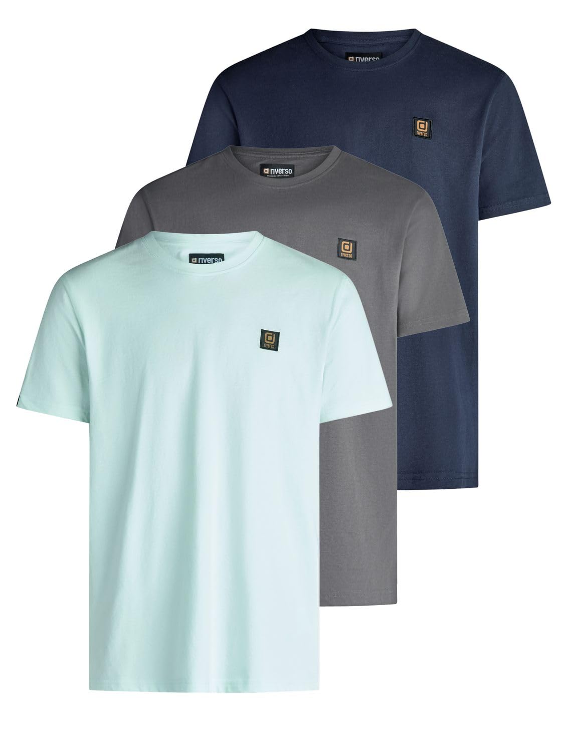 riverso Tshirt Herren Regular Fit RIVGino 3er Set Pack Rundhals Kurzarm | Sommer Tee Shirt Logo Schwarz Weiß Orange Grau Blau Gelb Grün S M L XL XXL 3XL 4XL 5XL