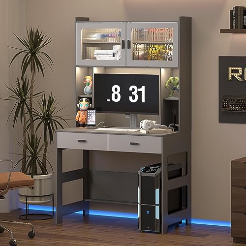 LVSOMT Home Office Desk with Hutch, Modern Computer Gaming Desk with LED Lights & Power Outlets, Gray Study Table with Storage Shelves, Teen Writing Desk for Bedroom, 40'' W Grey 40" W