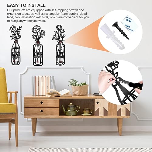 Fodiens 3 Pieces Metal Flowers Wall Art Decor, Minimalist Live Love Laugh Vase Black Wall Sculptures, Rustic Metal Floral Kitchen Wall Decor For Patio Balcony Bathroom Living Room Decoration #TOP2