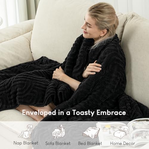 Image of Cottonblue Jacquard Weighted Blanket for Adults 15 lbs Queen Size, Cozy Fluffy Sherpa Fleece Weighted Throw Blankets 60 inch x 80 inch for Sleep Relax, Fuzzy Warm Arch Heavy Blanket Soft for Bed Couch, Black