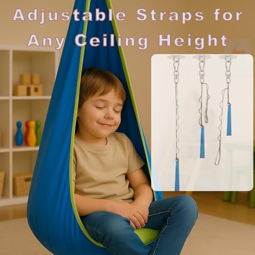 Kids Sensory Swing with 360° Rotation & Adjustable Height – Indoor/Outdoor Pod Swing for Autism, Durable, Safe with Four-Hole Screws, Supports Up to 176lbs – Complete Accessories Kit(Blue) - Image 6