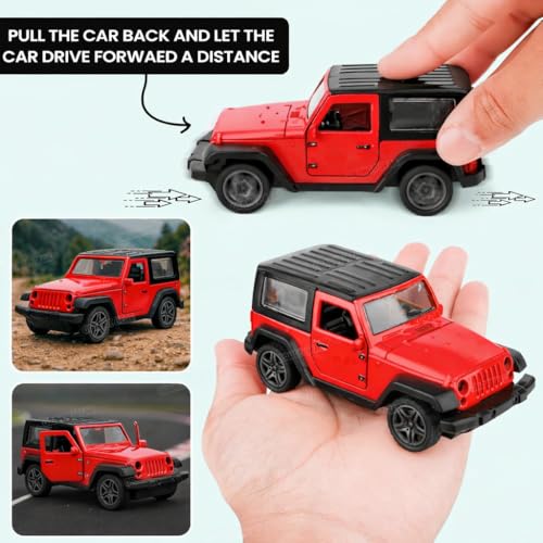 Image of Thar Diecast Matel Toy Car for Kids 1:32 Scale with Pull Back Action | Openable Doors Mini Jeep SUV Model Vehicle with Lights & Sound | Collectible Toy Car Gift for Kids Boys Girls 3+ Die Cast (Red)