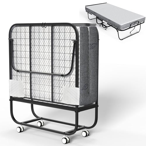 Portable Twin Folding Bed with 5 Memory Foam Mattress - 75x 38 Rollaway Bed for Adults, Strong Frame Ideal for Guests, Easy to Store & Transport