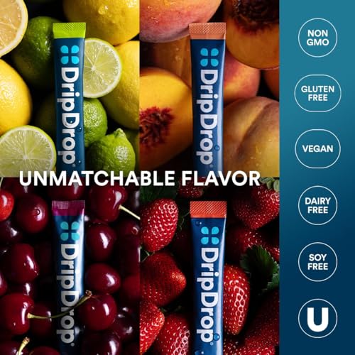 Image of DripDrop Hydration Packets - Sunburst Variety Pack - Single Serve Electrolytes Powder Drink Mix - Lemon Lime, Strawberry, Peach, Black Cherry - Non-GMO, Gluten Free, Vegan - 16 Sticks