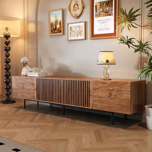 94.48″ Mid Century Modern Walnut TV Stand with Grille Doors, Storage Cabinets,Entertainment Center for TVs Up to 80″,Media Console for Living Room or Bedroom