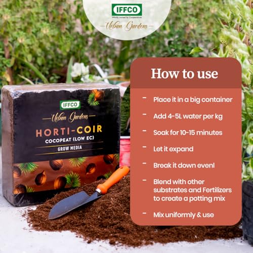 Image of IFFCO Urban Gardens - Cocopeat Expand 5kg Upto 75 litres - Low EC Cocopeat Block for Plants & Home Garden - Export Quality Natural Coconut Coir Fibre with Neutral pH.