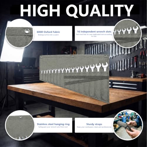 Image of Wrench Roll Up Pouch,16-Pocket Heavy Duty Roll Up Tool Bag,Sturdy Waterproof Oxford Fabric with 3 Rings for Wrenches,Screwdrivers,Hand Tools Storage,Portable Wrench Organizer for Mechanics(Olive Gray)