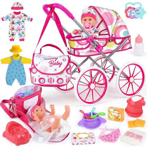Baby Doll Stroller Toy Set with 12.5'' Doll, Diaper Changing, 2 Doll Clothes, Pacifier, Storage Bag, Baby Doll Accessories and Toy Baby Stroller for...