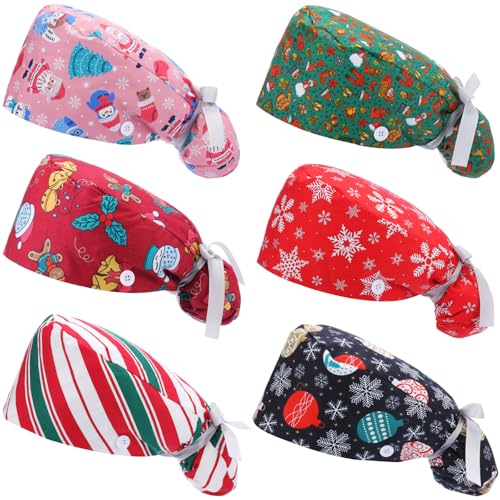 Image of 6 Pcs Scrub Cap Women Adjustable Nurse Cap with Button Bouffant Medical Surgical Hat Sweatband for Gift