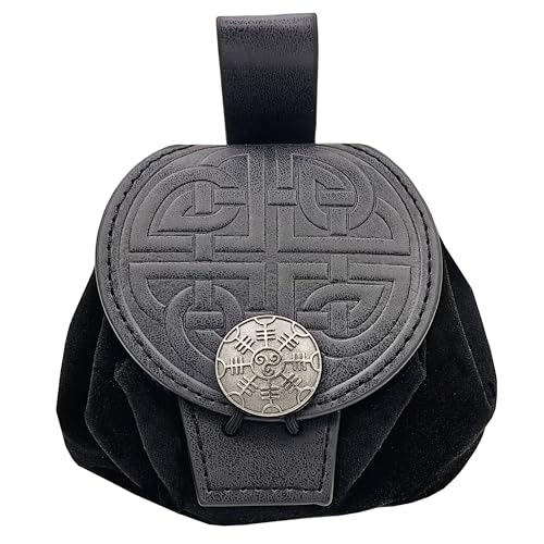 Medieval Faux Leather Pouch Nordic Viking Drawstring Coin Purse Dice Bag LARP Halloween Costume (Black A)
