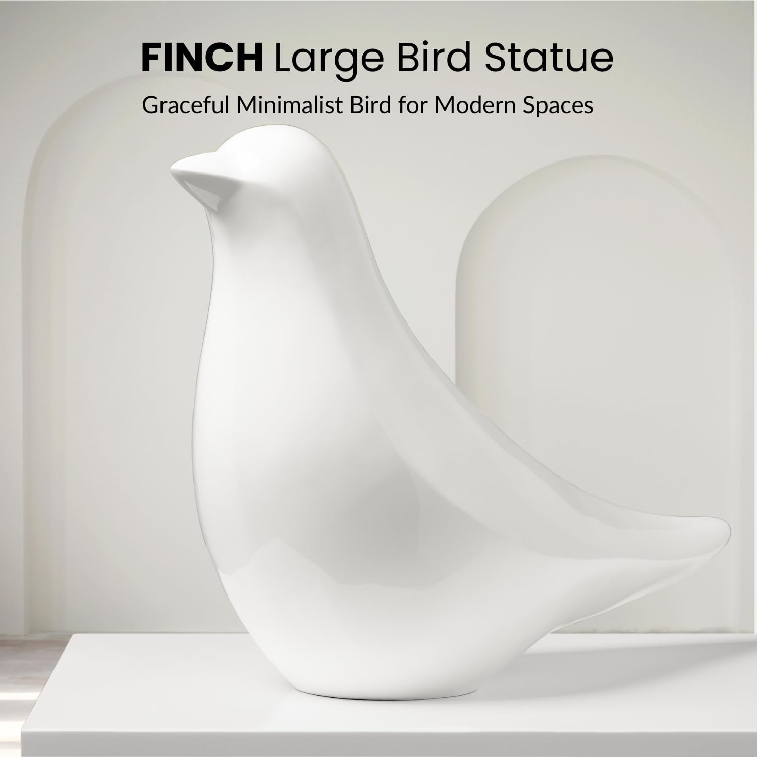 Torre & Tagus 22x14 Big Modern Bird Statue - Large Gloss White Finch Bird Decor for Table Centerpiece, Indoor Abstract Bird Sculpture & Covered Outdoor Sculpture for Home or Garden (Head Up White)