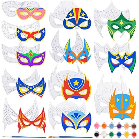 28 Stück Masken Zum Bemalen Kinder, Kindergeburtstag Basteln, Party Cosplay DIY Papier Superhelden Maske Mitgebsel, für Mädchen Jungen Geburtstag Party Geschenk, Inklusive Pigmente und Pinsel Cover