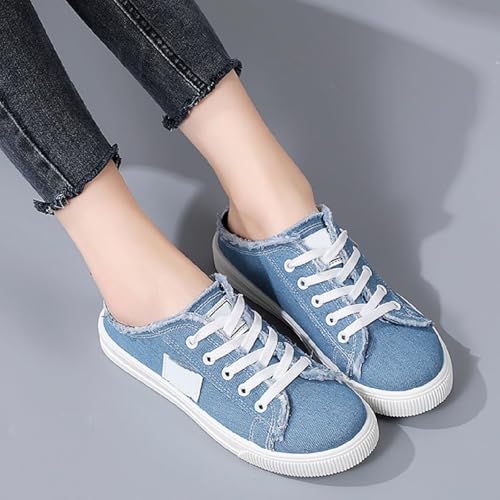Canvas Mules Slip on Sneaker Fashion Comfortable Solid Slippers Casual Shoes Backless Fringed Hem Denim Autumn Style Spring Sports Preppy Flat Students New Retro Pull-on Sneakers Loafers4