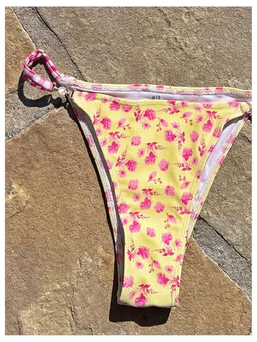Image of RoseSeek Women's Floral Print Cheeky Bikini Sets Pearl Decor Halter Triangle High Cut String Thong Swimsuits