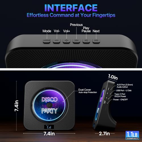 Image of ROADOM Bluetooth 5.1 CD Player for Home with Speakers, Remote Control, FM Radio, USB, AUX, Sleep Timer & Dust Cover, Desktop CD Player for Bedroom