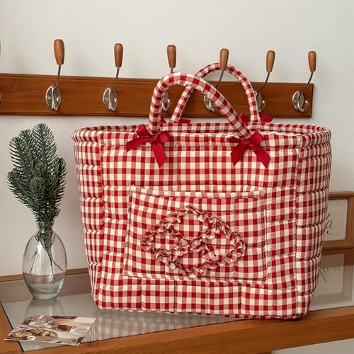 Image of Quilted Fabric Basket Car Storage Basket Boho Floral Laundry Hamper for Nursery Bedroom & Living Room | Organize Clothes Toys (Red Gingham Check)