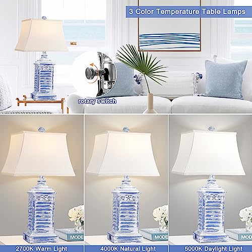 Coastal Table Lamps For Bedrooms Set Of 2 Farmhouse Bedside Lamp For Living Room Modern 3-Color Temperature Blue Washed Nightstand End Tables Lamp With Usb Ports And Ac Outlet (Bulbs Included) #TOP1