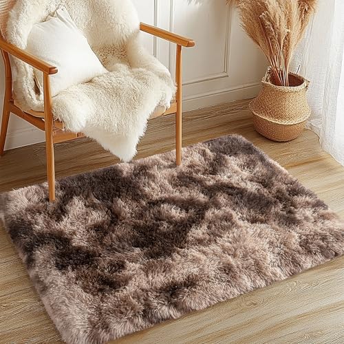 2x3 Shag Area Rug - Fluffy Fuzzy Nursery Kids Girls Small Rug - Soft Plush Furry Bedside Carpet- Tie-Dyed Brown