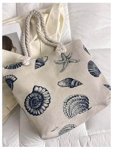 Bolso tote de lona para mujer de SHENHE con estampado de concha y estrella de mar, asas trenzadas, ideal para la playa, viajes y compras miniatura 3