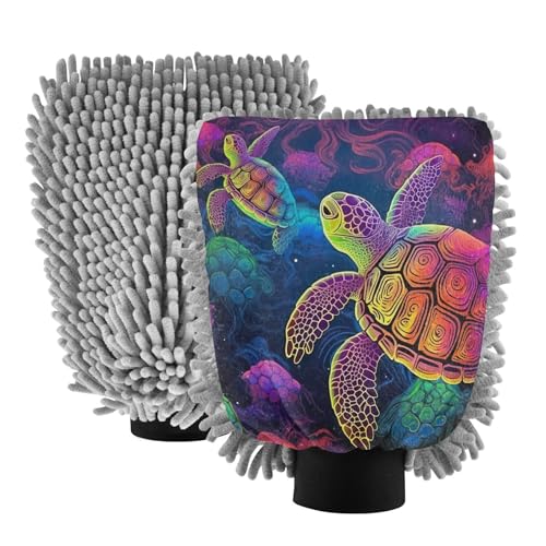 Flradish 2 Pack Colored Turtle Car Wash Mitt Chenille Microfiber Lint-Free Scratch Free Ultra-Soft Absorbent Car Wash Mitt 11.8x8.07 Inch