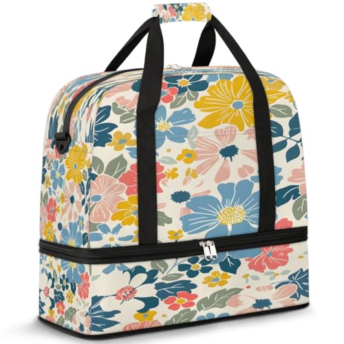 Travel Duffel Bags Cute Flower Foldable Weekender Bags for Women with Shoes Compartment Waterproof & Tear Resistant Carry on Overnight Luggage Duffel Bag Shoulder Sports Tote Bag
